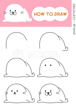 How to draw fluffy fat seal cartoon step by step for learning, drawing, kindergarten, coloring book and education 128745360