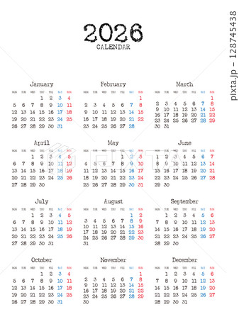 タイプライター風の2026年の年間カレンダー 月曜始まり_縦位置 日本の祝日表記無し 128745438