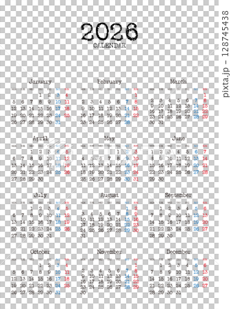 Typewriter-style 2026 calendar, starting on Monday, vertical position, no Japanese holidays Typewriter-style 2026 calendar, starting on Monday, vertical position, no Japanese holidays 128745438