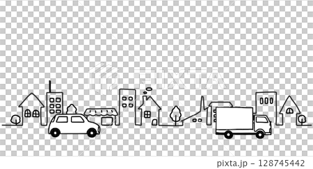 Simple hand-drawn line drawing illustration of a car and cityscape in black and white 128745442
