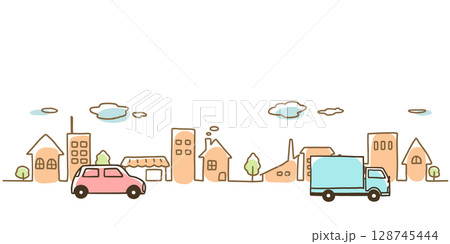 車と街並みのシンプルな手描き線画イラスト　パステルカラー 128745444