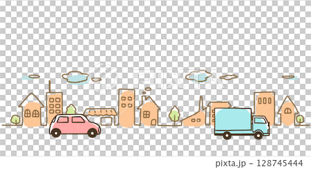 車と街並みのシンプルな手描き線画イラスト　パステルカラー 128745444