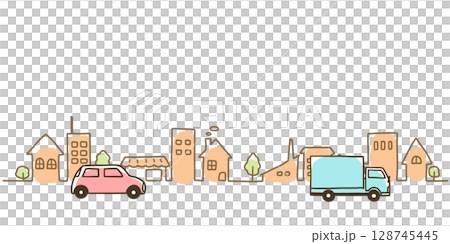 Simple hand-drawn line drawing illustration of a car and cityscape in pastel colors 128745445