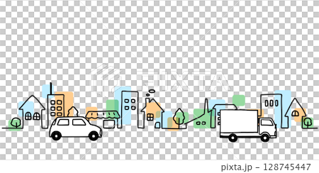 簡單的手繪線條畫插圖,描繪了汽車和城市景觀,彩色 簡單的手繪線條畫插圖,描繪了汽車和城市景觀,彩色 128745447
