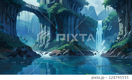 ゲーム背景 川と滝と橋がある渓谷の自然パノラマ風景 ゲーム背景 川と滝と橋がある渓谷の自然パノラマ風景 128745555