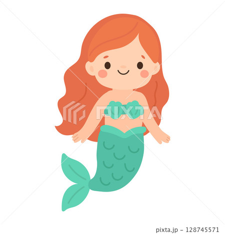 Adorable redhead mermaid girl with green tail and shell top, ideal for fantasy kids books, sea princess stories, and fairytale themes 128745571