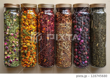 Assorted Herbal Teas In Tall Jars 128745680