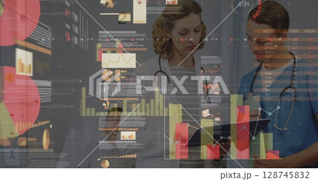 Image of data processing over caucasian female doctor and male nurse talking 128745832