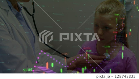 Image of data processing over caucasian female doctor treating girl 128745833