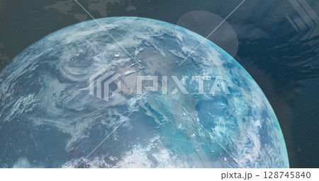 Rotating Earth in orbit with clouds, continents and grid overlay, world map silhouette, lens flare 128745840