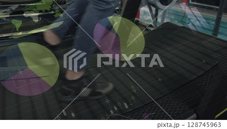 Statistical data processing against caucasian senior fit woman using treadmill at the gym 128745963