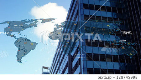 Data processing and world map over tall building against blue sky 128745998