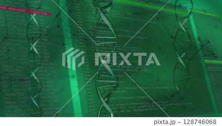 Image of dna rotating over data, lines and shapes on green background Image of dna rotating over data, lines and shapes on green background 128746068