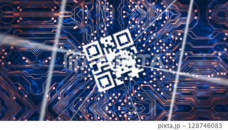 Image of integrated circuit and qr code on navy background Image of integrated circuit and qr code on navy background 128746083
