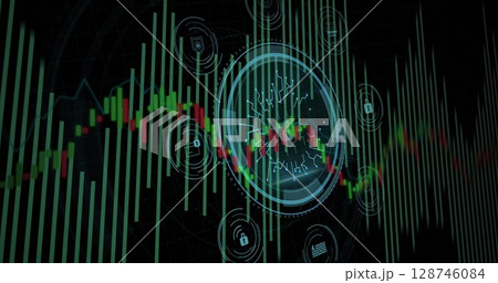 Statistical data processing and cyber security text over round scanner against black background 128746084
