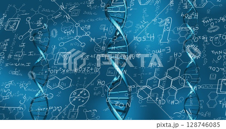 Image of dna rotating over chemical formulas on blue background Image of dna rotating over chemical formulas on blue background 128746085