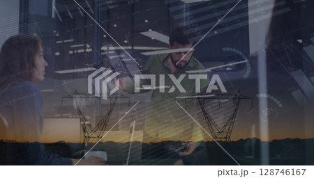 Image of data processing over diverse business people talking 128746167