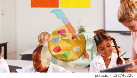 Image of school icons over diverse schoolchildren with teacher Image of school icons over diverse schoolchildren with teacher 128746226