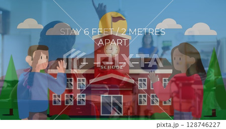 Image of school icons over diverse schoolchildren with teacher Image of school icons over diverse schoolchildren with teacher 128746227
