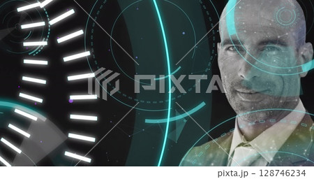 5g text and multiple round scammers over portrait of caucasian businessman against black background 128746234