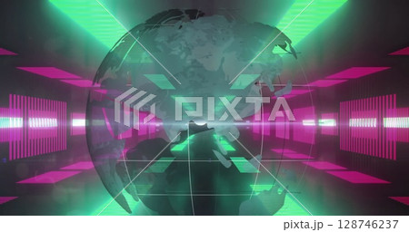 Digital image of spinning globe against neon tunnel in seamless pattern 128746237