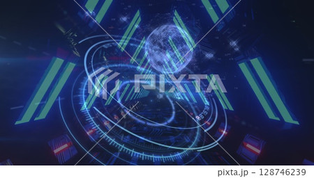 Image of globe, scope in blue neon tunnel 128746239