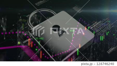 Financial data processing and security padlock icon against screens with network of connections 128746240