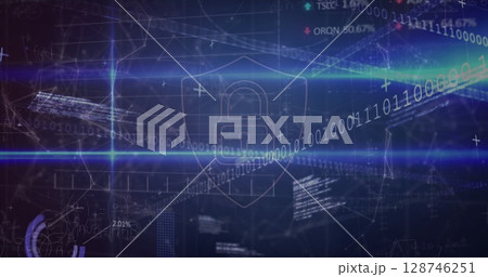 Security padlock shield icon over network of connections against stock market data processing 128746251