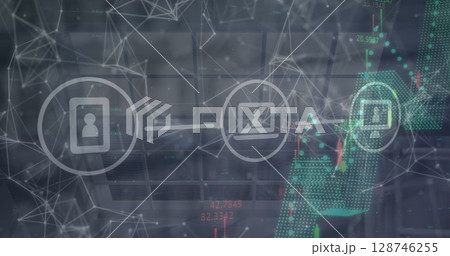 Digital icons, financial data processing and network of connections against office window Digital icons, financial data processing and network of connections against office window 128746255