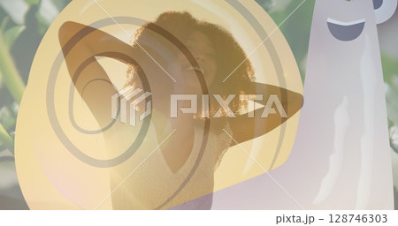 Image of spiral over happy african american woman 128746303