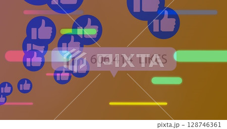 Image of social media reactions and colorful lines floating over orange background Image of social media reactions and colorful lines floating over orange background 128746361