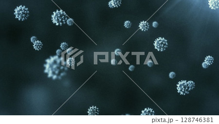 Digital image of multiple covid-19 cells floating against copy space on blue background Digital image of multiple covid-19 cells floating against copy space on blue background 128746381