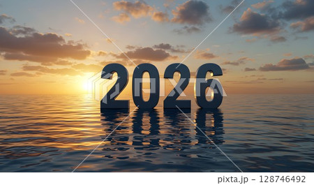 Year 2026 numbers standing in water. Annual concept, symbolizing future outlook. New beginning and hope for calendar year. 128746492