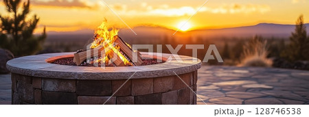 Cozy stone fire pit with bright flames at sunset on a terrace, overlooking a tranquil lake and glowing sky in the evening. 128746538