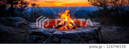 Bonfire in a rustic stone fire ring at dusk by the water, with vibrant flames reflecting warm light in the peaceful atmosphere. 128746539