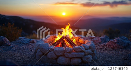 Large bonfire in a solid stone fire ring on a lakeside at sunset, flames lighting up the sky and calm evening water. 128746546