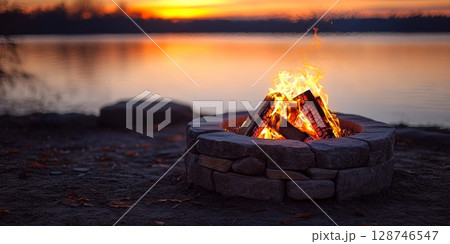 Lively fire in a round stone fire pit by a mirror-smooth lake at sunset, perfect for tranquil evenings in nature. 128746547