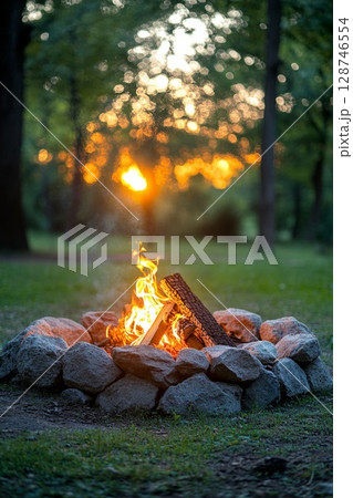 Roaring campfire in a rugged stone pit set in the forest, flames casting warm light during the peaceful evening hours. Roaring campfire in a rugged stone pit set in the forest, flames casting warm light during the peaceful evening hours. 128746554