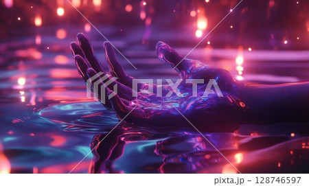 Neon Lights Reflecting on Hand in Water 128746597