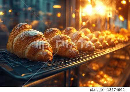 Freshly baked croissants cool on a rack early in the morning in a bakery. Freshly baked croissants cool on a rack early in the morning in a bakery. 128746694
