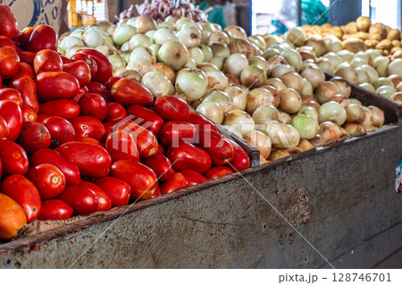 Fresh fruits and vegetables in Vero-o-Peso at Belem do Para, Brazil, the famous Public Market in Belem. 128746701