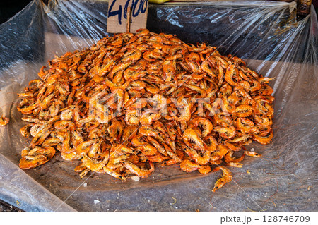 Fried prawns or shrimp for sale at a stall at Mercado Ver o Peso, Belem, State of Para, Amazon region, Brazil 128746709