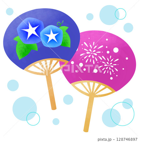 朝顔の花と花火の絵が描かれたうちわのセットのイラスト 128746897