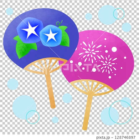 朝顔の花と花火の絵が描かれたうちわのセットのイラスト 128746897