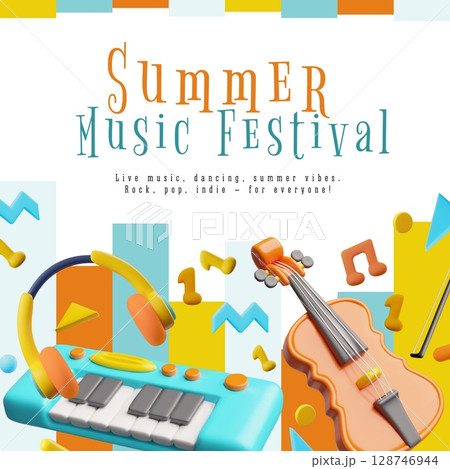 Summer music festival poster with 3D musical instruments, headphones, violin, synthesizer, notes. Summer music festival poster with 3D musical instruments, headphones, violin, synthesizer, notes. 128746944
