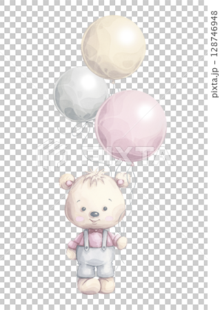 Watercolor Teddy bear with balloon bunch. Cute hand-painted illustration in soft pastel colors. Perfect for nursery wall art, cards, invitations, lovely children's decor and apparel prints 128746948
