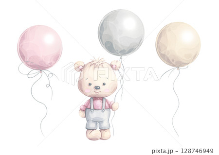 Teddy bear and balloons watercolor clipart set. Baby bear in a suit. Hand-painted illustration in pastel colors. Pink, gray and beige. Perfect for nursery decor, baby shower cards, invitations Teddy bear and balloons watercolor clipart set. Baby bear in a suit. Hand-painted illustration in pastel colors. Pink, gray and beige. Perfect for nursery decor, baby shower cards, invitations 128746949