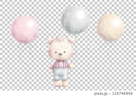 Teddy bear and balloons watercolor clipart set. Baby bear in a suit. Hand-painted illustration in pastel colors. Pink, gray and beige. Perfect for nursery decor, baby shower cards, invitations Teddy bear and balloons watercolor clipart set. Baby bear in a suit. Hand-painted illustration in pastel colors. Pink, gray and beige. Perfect for nursery decor, baby shower cards, invitations 128746949