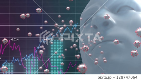 Multiple covid-19 cells over human head model against statistical data processing on blue background 128747064