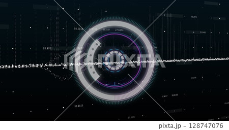 Image of scope scanning and data processing over purple background 128747076